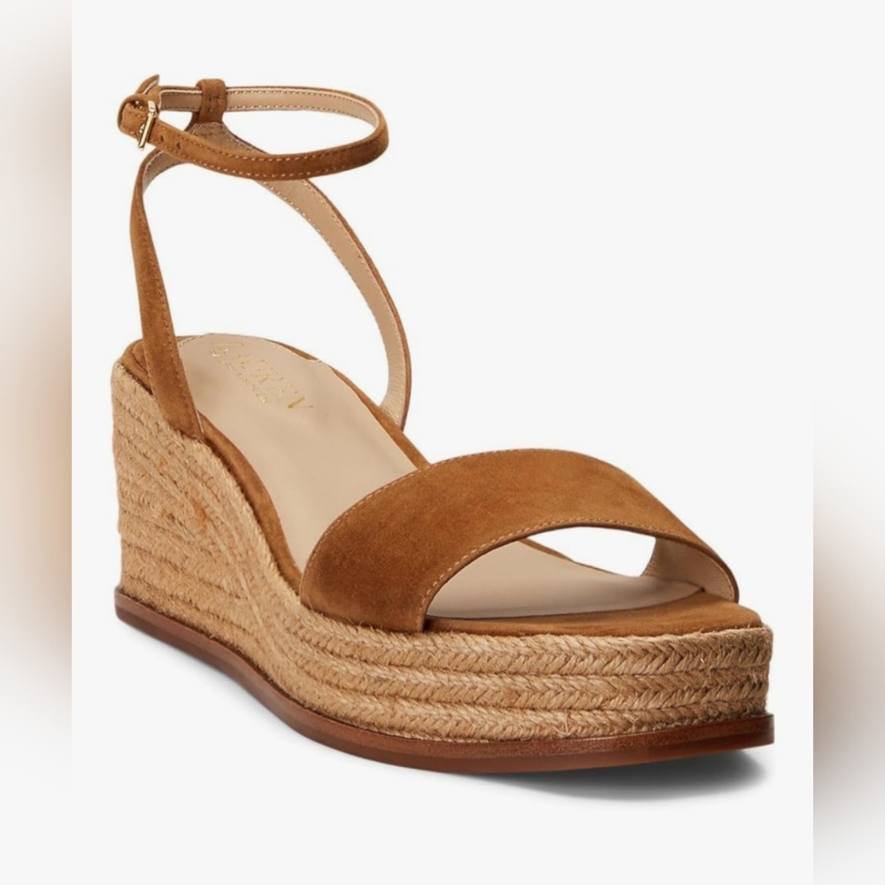 Lauren Ralph Lauren Leona Suede Leather Espadrille Heel Camel Whiskey Brown 9